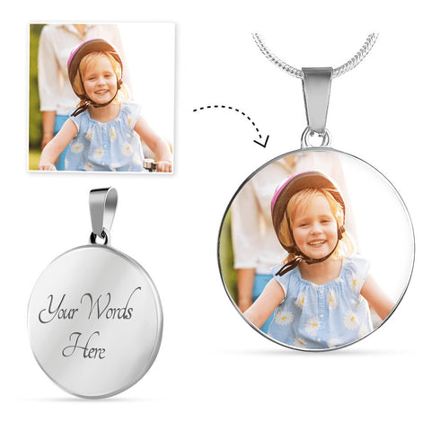 Necklace with Circle Pendant which includes Custom Engraving and a Photo of your choice