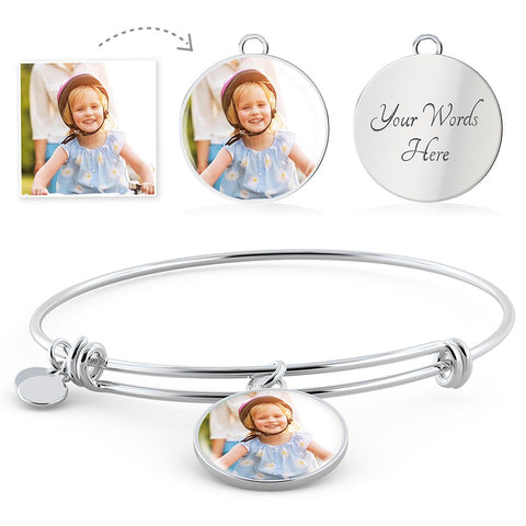 Bangle Bracelet with Circular Custom Engraved Pendant With Photo
