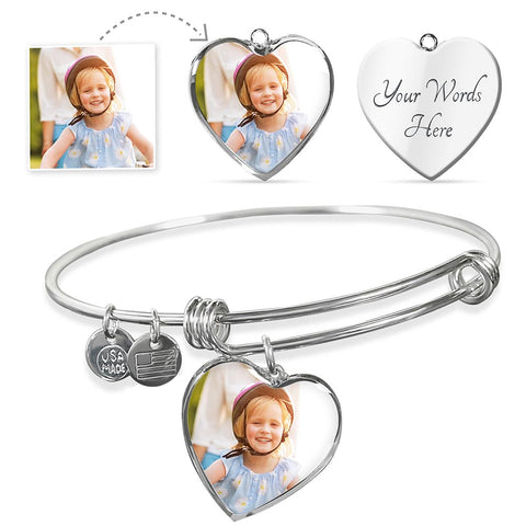 Bangle Bracelet with Heart Charm that allows for Custom Engraving and Photo
