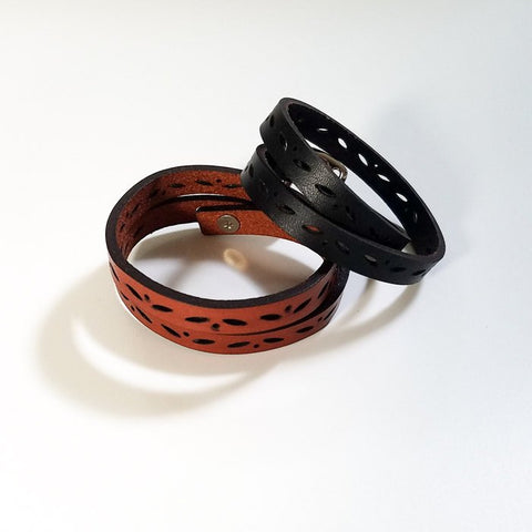 Leather Double Wrap Bracelet - leaf motif