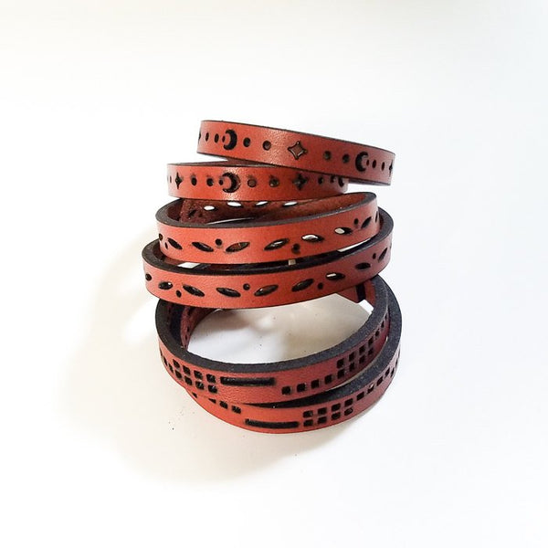 Leather Double Wrap Bracelet - leaf motif