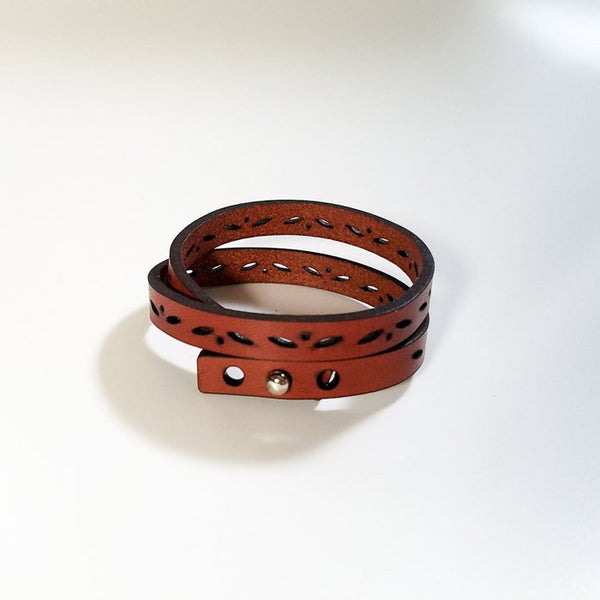 Leather Double Wrap Bracelet - leaf motif