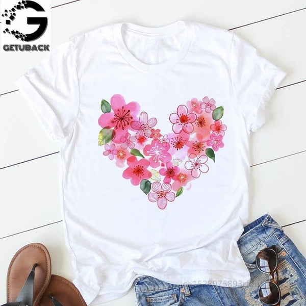 pink heart flower Print Women tshirt Cotton Casual Funny t shirt Gift 90s Lady Yong Girl Drop Ship S-894 Valentine's Day Gift