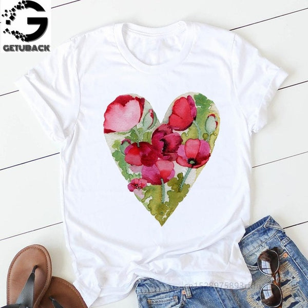 pink heart flower Print Women tshirt Cotton Casual Funny t shirt Gift 90s Lady Yong Girl Drop Ship S-894 Valentine's Day Gift