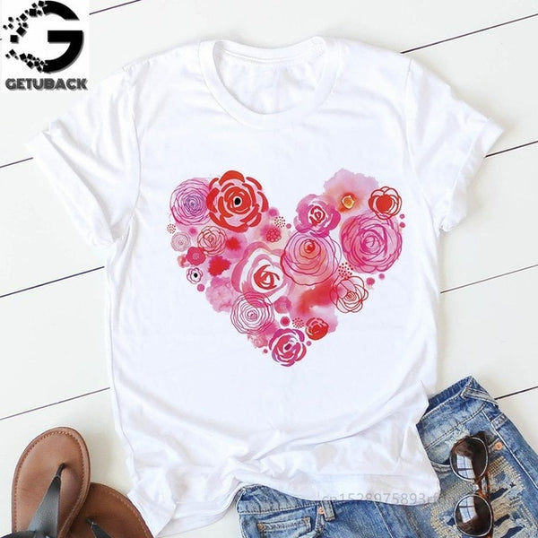 pink heart flower Print Women tshirt Cotton Casual Funny t shirt Gift 90s Lady Yong Girl Drop Ship S-894 Valentine's Day Gift