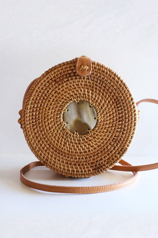 Tan Tien Buffalo Horn Centerpiece Circle Wicker Rattan Bag